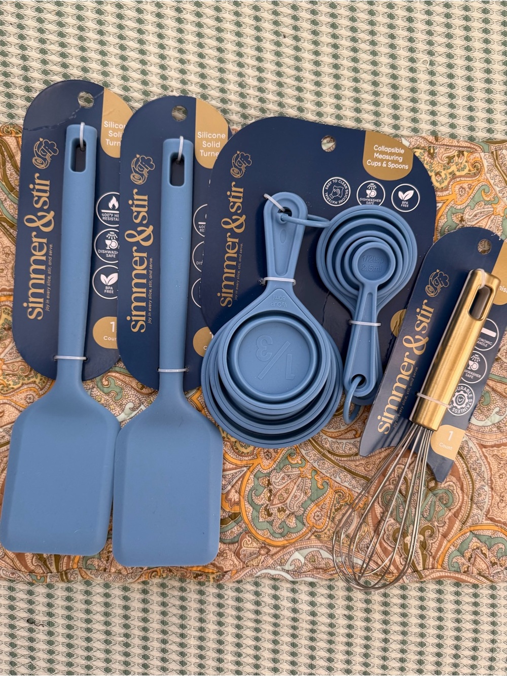 Simmer & Stir Silicone Kitchen Utensil Set Blue Spatulas Measuring Cups Whisk Ne